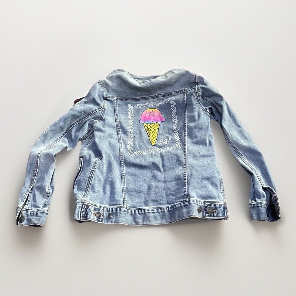 Peanuts x AVAF Denim Jacket Womens M Blue Stretch Graphic Back Logo Sleeve
